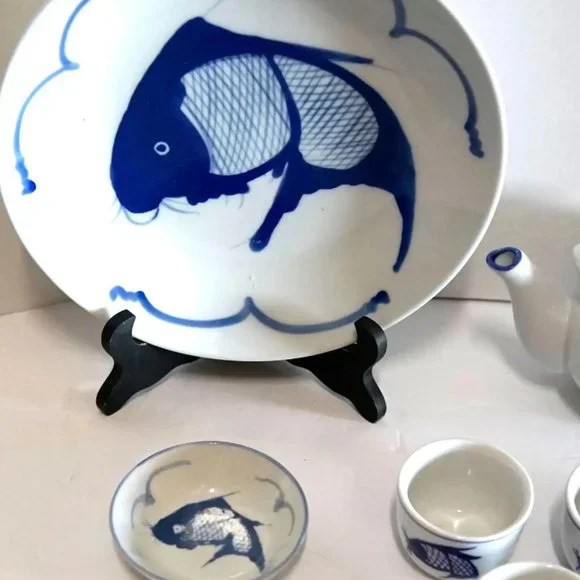 Blue and White Porcelain Carp/Koi Teapot Set with Cups and Serving Plate